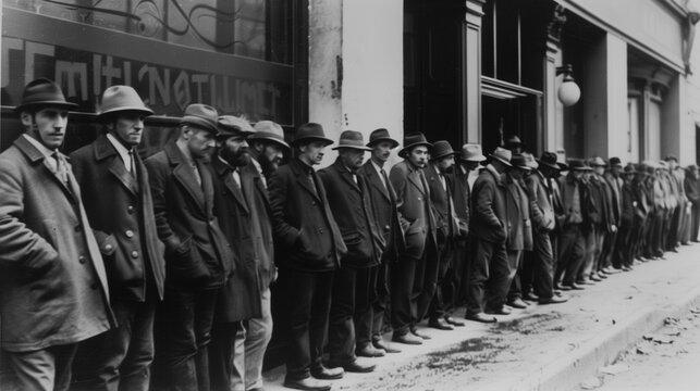 A black and white photograph captures the Great Depression era, depicting a long line of destitute men waiting in queue in search of employment opportunities.