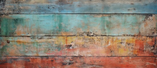 This abstract painting features a multicolored wooden surface with a mix of blue, orange, and brown...