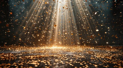 golden confetti rain on festive stage with light beam in the middle empty room at night mockup with copy space for award ceremony jubilee new year s party or product presentations 