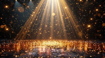 golden confetti rain on festive stage with light beam in the middle empty room at night mockup with copy space for award ceremony jubilee new year s party or product presentations  - obrazy, fototapety, plakaty