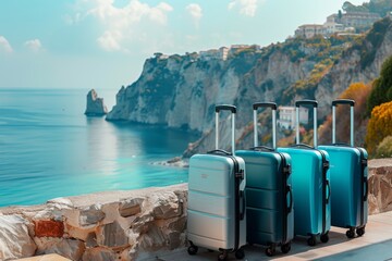 suitcases against sea and cliffs