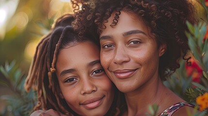 caring african american mother hugging teenage daughter enjoy moment of love motherhood concept  wide shot long shot depth of field focuses on the genuine smile  - Powered by Adobe