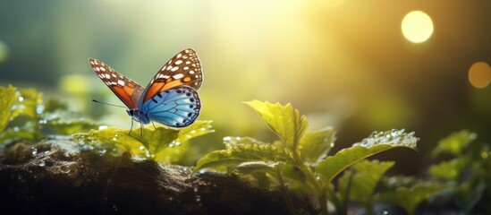 A butterfly with colorful wings sits on top of a green plant in the morning dew. The plant stands alone against a blurry nature backdrop.