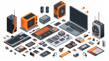 An isometric display of various technology and computer components, showcasing a cohesive orange and black color theme.