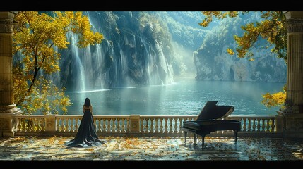 Fototapeta premium Luxurious terrace, Elegant woman, Evening gown, Grand piano, Scenic view, Waterfall, Lakeside, Opulent setting, Outdoor glamour, Stylish ambiance, Sophisticated design, Terrace indulgence
