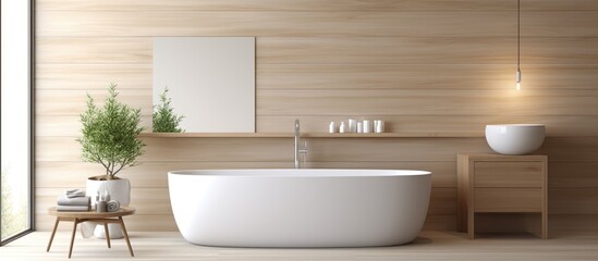 A white bath tub is positioned next to a wooden wall in the interior of a luxury bathroom. The room features white tile flooring, a vertical mirror, and a toilet, with ample copy space available.