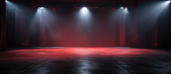 An empty stage with spotlights shining on the dark concrete floor. The backdrop is a dark red color, creating a moody atmosphere. Neon lights add a touch of modernity to the scene. Smoke floats up in