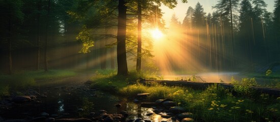 The suns rays filter through the dense canopy of trees in the forest, casting a warm glow on the lush green grass and illuminating the natural landscape - Powered by Adobe