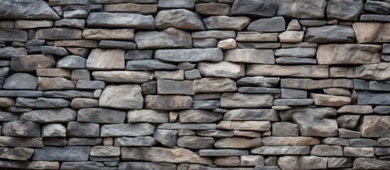 Obraz premium A stone wall constructed entirely of rocks is displayed in this scene. Each rock fits neatly together, creating a sturdy and durable structure.