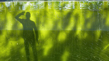 Shadow of a person saluting reflected on a rippled green water surface with sunlight filtering through trees