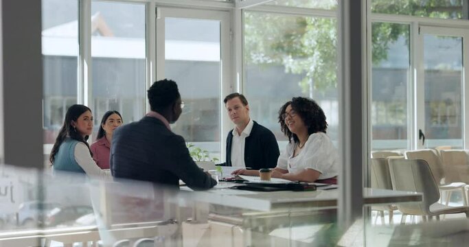Meeting, planning and teamwork with group of business people in boardroom of office together. Collaboration, company management and workshop with corporate employee team in workplace for discussion