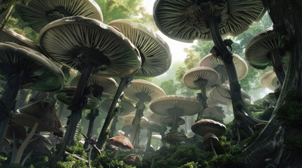 Fantasy illustration of giant mushrooms in an enchanted forest. - obrazy, fototapety, plakaty