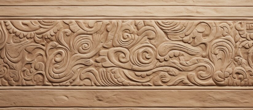 A detailed close-up of a sandstone wall with intricate carvings forming a pattern. The texture of the wall is visible with the unique design engraved into the surface.
