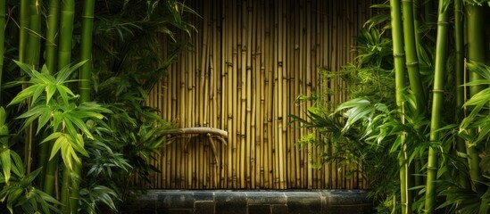 A bamboo fence is encircled by bamboo trees in a vibrant green forest, creating a picturesque...