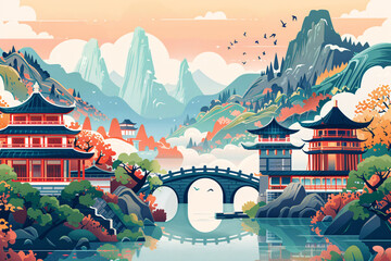 Beautiful ancient bridge verandah Chinese style hand-painted illustrations, Chinese style ancient building posters - obrazy, fototapety, plakaty