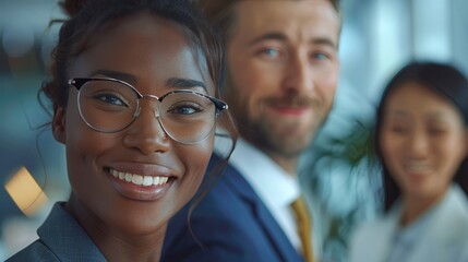 successful multiethnic business people presenting analytical report while working together in office  wide shot long shot depth of field focuses on the genuine smile  - Powered by Adobe