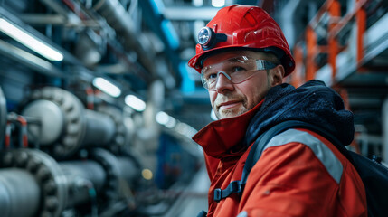 A confident industrial worker wearing a red hard hat and protective glasses oversees operations in a large manufacturing plant.