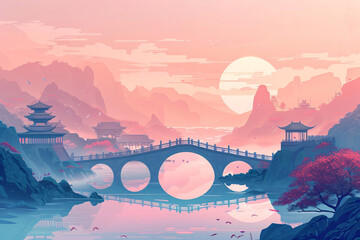 Beautiful ancient bridge verandah Chinese style hand-painted illustrations, Chinese style ancient...