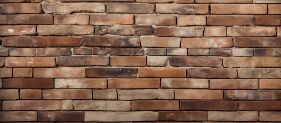 A close-up view of a brown brick wall with no mortar, showcasing the unfinished and raw texture of the bricks.