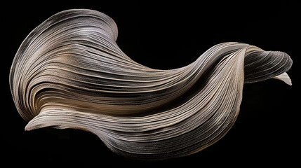 A fluid sculptural form resembling a wave made from layers of material against a black background