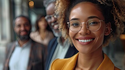 group of successful multiethnic diverse entrepreneurs and business people achieving goals together  wide shot long shot depth of field focuses on the genuine smile  - obrazy, fototapety, plakaty