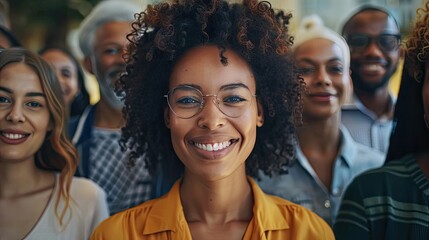 group of successful multiethnic diverse entrepreneurs and business people achieving goals together  wide shot long shot depth of field focuses on the genuine smile  - obrazy, fototapety, plakaty