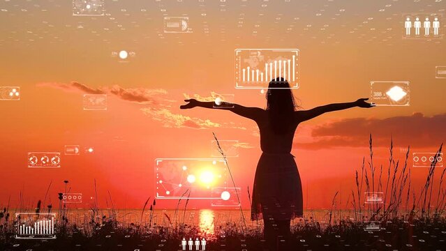 Silhouette of a person with open arms at sunset, digital interface elements overlaying a serene seascape.