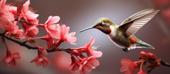A small red hummingbird is seen in flight over a branch of delicate pink flowers. The birds wings are a blur of motion as it hovers near the vibrant blooms.