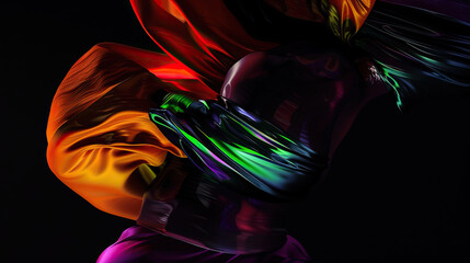 A vibrant abstract image depicting dynamic colors swirling around a central obscured humanlike figure on a dark background
