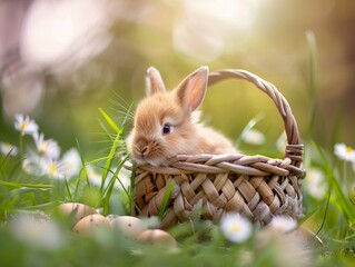 Small ,baby rabbit in easter basket with fluffy fur and easter eggs
