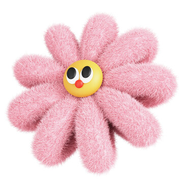 A pink fuzzy flower with a smiley face