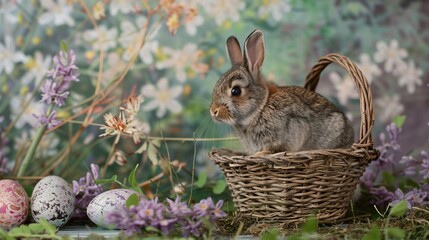 Fototapeta na wymiar Small ,baby rabbit in easter basket with fluffy fur and easter eggs