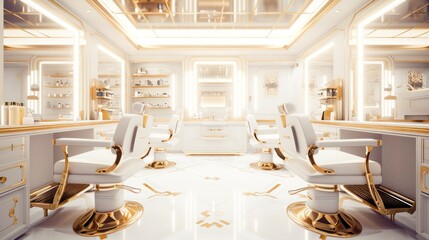  A luxurious salon bathed in golden light, luxurious seating and elegant decor.