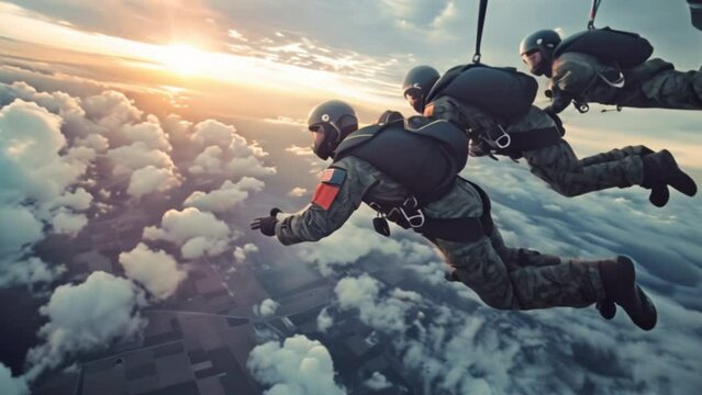 A combat soldier or parachutist jumps out of a plane to practice air combat.