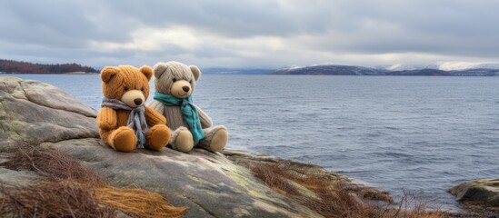 Two toy teddy bears are perched on a rock overlooking the serene lake, under the vast blue sky with fluffy white clouds, surrounded by the natural landscape - Powered by Adobe