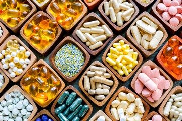 A close-up view of various dietary supplements and vitamins in capsule and tablet forms. - obrazy, fototapety, plakaty