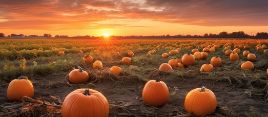 A field of pumpkins, known as calabaza, under the setting sun against a vibrant orange sky, creating a mesmerizing natural landscape