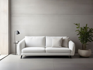White sofa against concrete paneling wall. Minimalist, loft urban home interior design of modern living room. A white couch sitting in front of a concrete wall with a potted plant next to it.