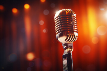 Microphone on stage under bright lights, professional speaking interview singing media concept illustration
