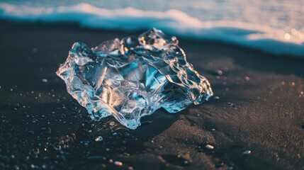 A translucent piece of ice sparkles on dark sandy beach with sunlight reflecting off its textured surface