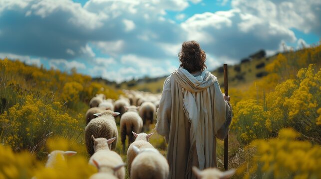  Jesus shepherding sheep created with Generative AI Technology, ai, generative