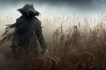 Wisps of fog creeping through the field adding an eerie atmosphere to the scarecrows watchful presence - obrazy, fototapety, plakaty