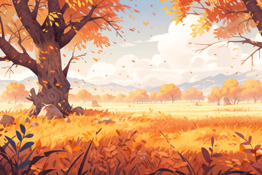 Illustrations of forest scenes during the Beginning of Autumn, autumn outdoor natural scenery illustrations