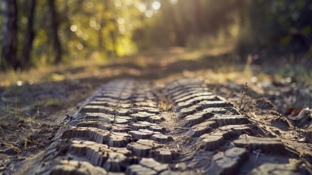 A close up shot of wheel tracks on a rugged nature trail