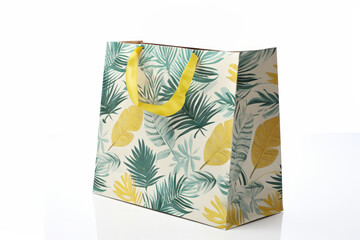 Tropical green and yellow leaf print shopping bag on pure white background with empty space