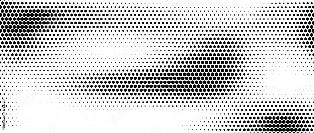 Poster Hexagon halftone gradient texture. Abstract black and white spotted background. Geometric retro tech wallpaper. Fading wavy hexagonal pattern backdrop. Vector vanishing honeycomb grunge overlay