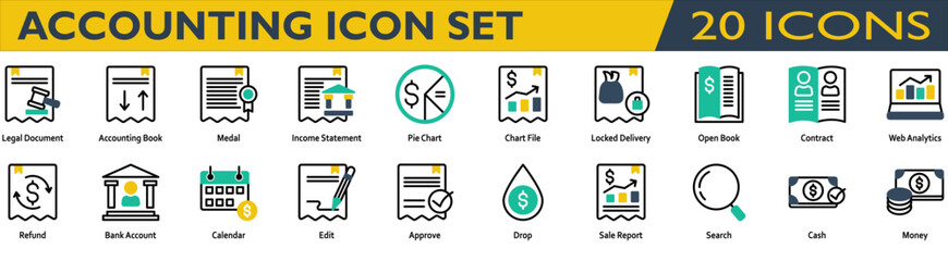 Accounting icon set. Containing Legal Document,Accounting Book,Income Statement,Locked Delivery,Open Book,Contract,Web Analytics,Refund,Bank Account,Sale Report,Cash,Money . Mixed Color style