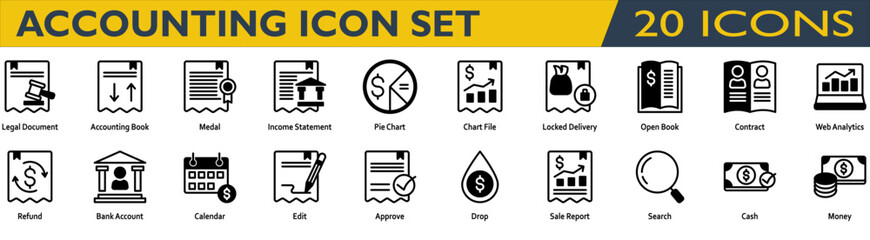 Accounting icon set. Containing Legal Document,Accounting Book,Income Statement,Locked Delivery,Open Book,Contract,Web Analytics,Refund,Bank Account,Sale Report,Cash,Money . Mixed style collection