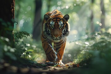 A tiger walking through the forest . - obrazy, fototapety, plakaty