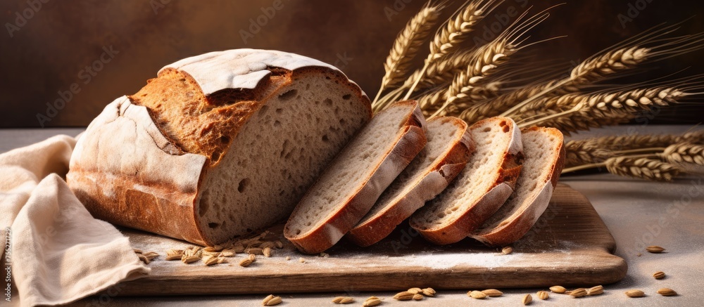 Sticker A staple food item, a loaf of bread made from gluten, sits on a wooden cutting board next to wheat ears. Baked goods are commonly used ingredients in various cuisines and dishes